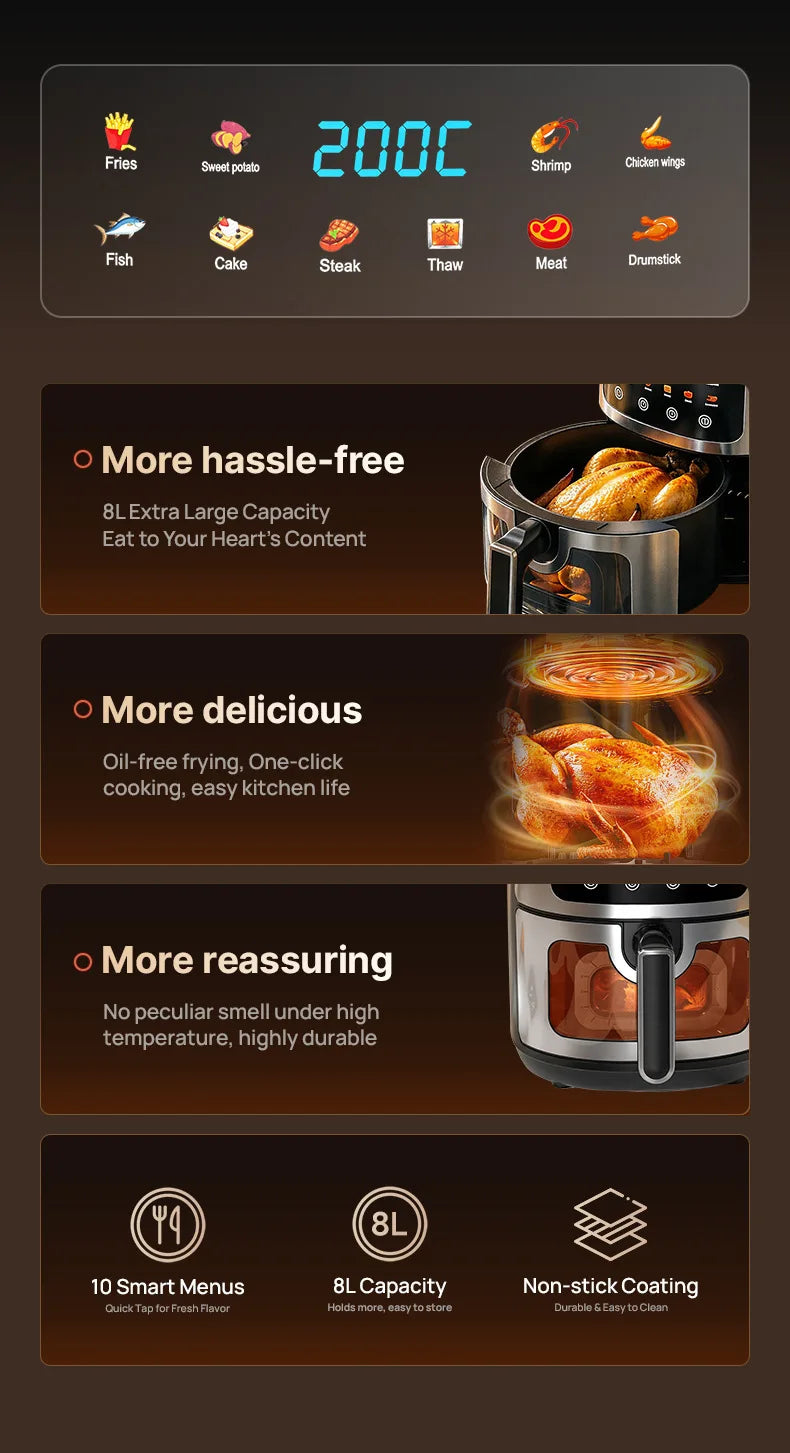 8L Large Air Fryer with Visible Window Digital Touchscreen 8 Presets Stainless Steel Oil-Free Healthy Cooker for Home Kitchen
