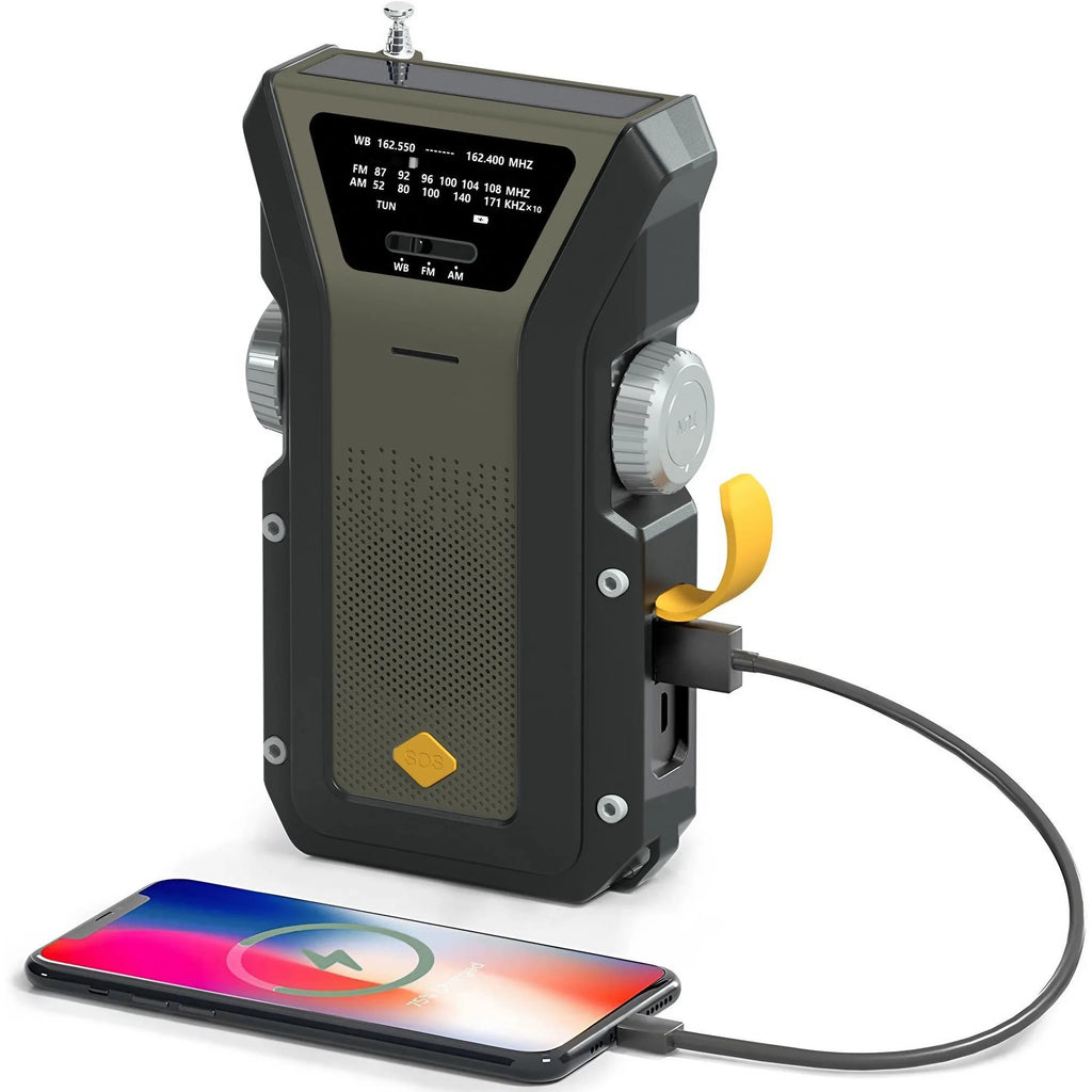 Emergency Weather Radio — FM/AM/WB, Hand Crank Solar, 2000mAh Power Bank & LED Flashlight