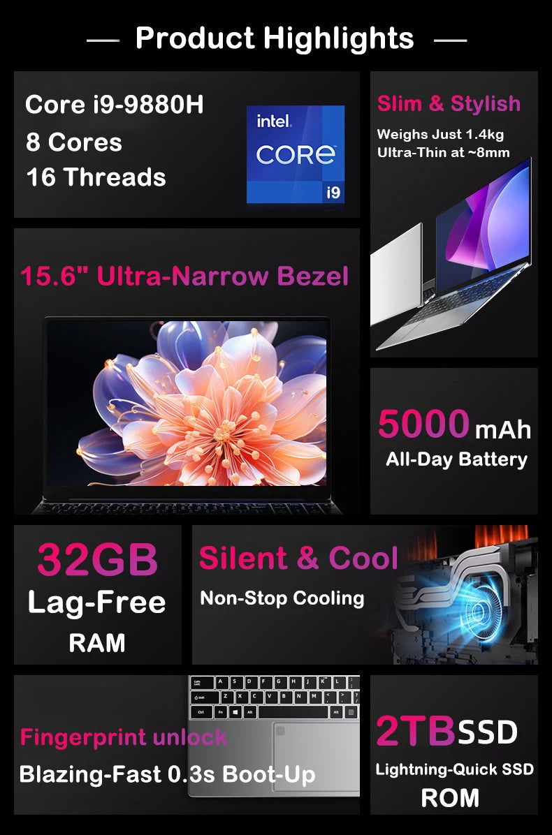 17" Intel Core i9-9880H Ultra Slim Gaming Laptop – Up to 32GB DDR3, 2TB SSD, Fingerprint, Windows 11