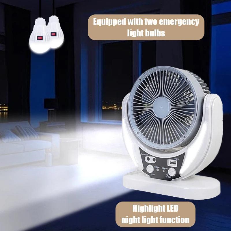 Solar Multifunctional Fan & LED Emergency Light — USB Charging, Night Light & Phone Charger