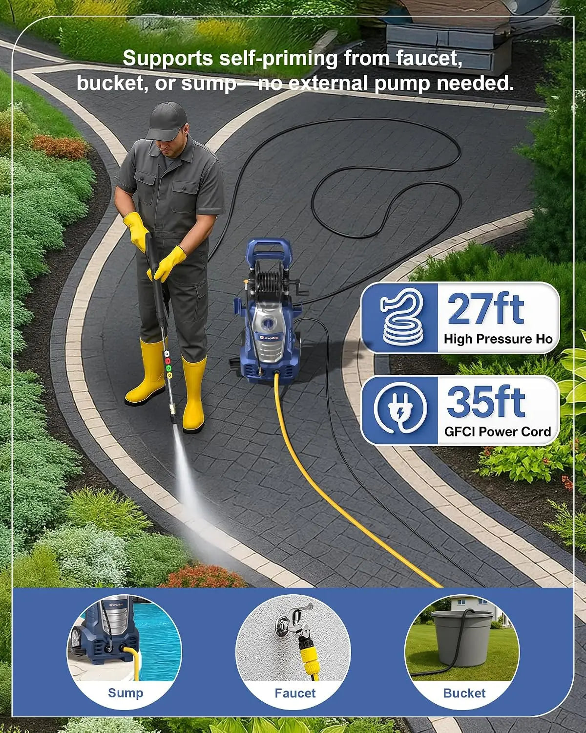 Electric Pressure Washer – Hose Reel & Five Nozzles