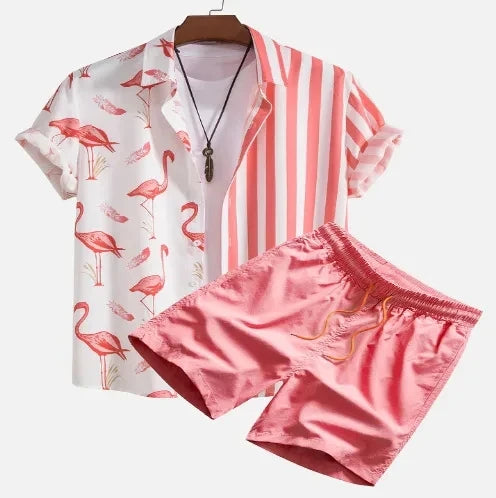 Men's Print Patchwork Lapel Shirt & Beach Shorts Hawaiian Set – Summer Streetwear 2-Piece