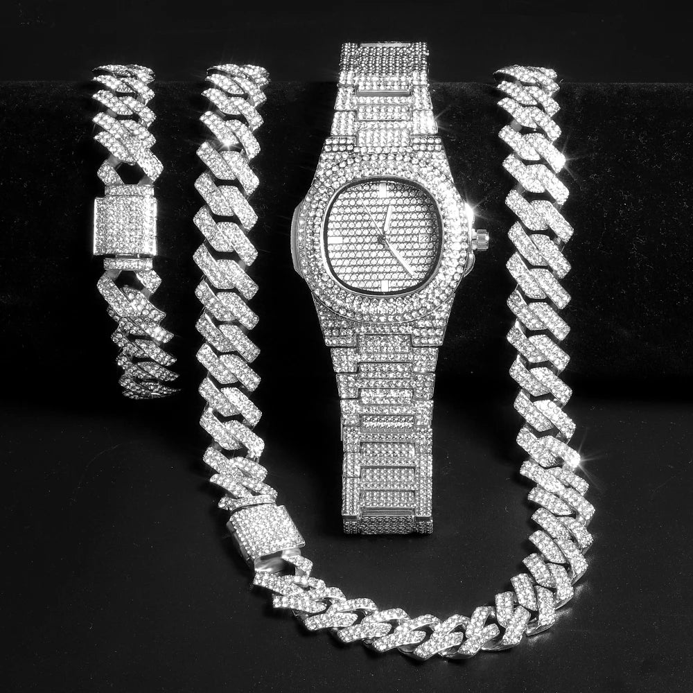Men's Gold Cuban Chain Hip Hop Watch & Bracelet Set | Iced Out Rhinestone Bling Rapper Jewelry