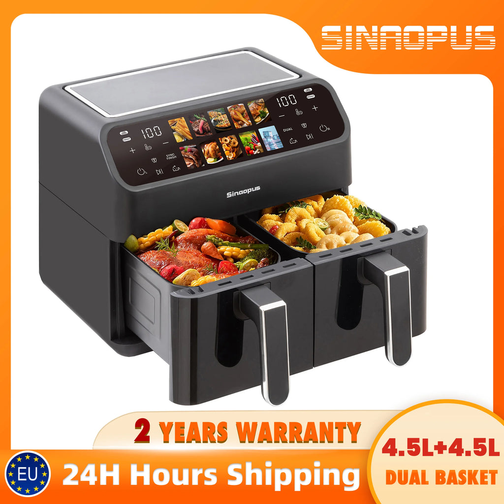 Sinaopus 9L Dual Basket Air Fryer – LED Touch Control, Visible Window, Oilless Cooker for Large Family Meals