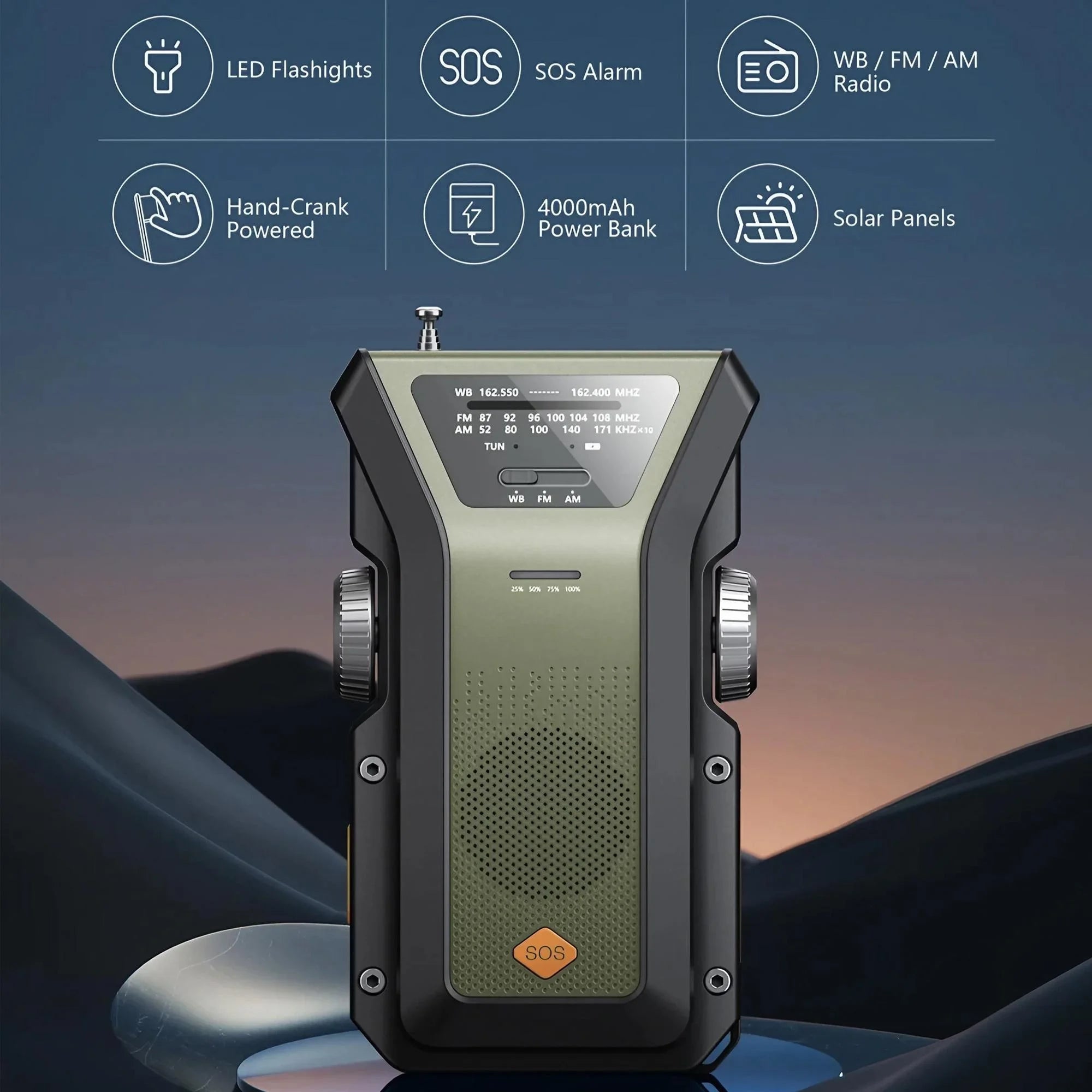 Emergency Weather Radio — FM/AM/WB, Hand Crank Solar, 2000mAh Power Bank & LED Flashlight