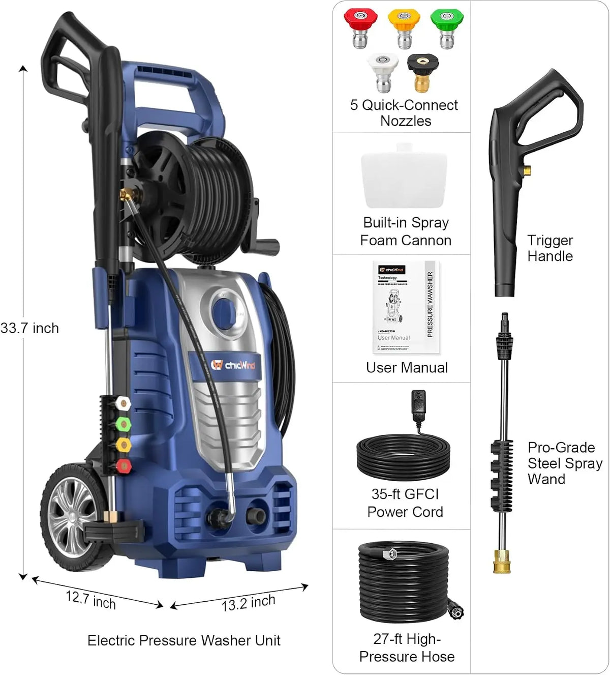 Electric Pressure Washer – Hose Reel & Five Nozzles