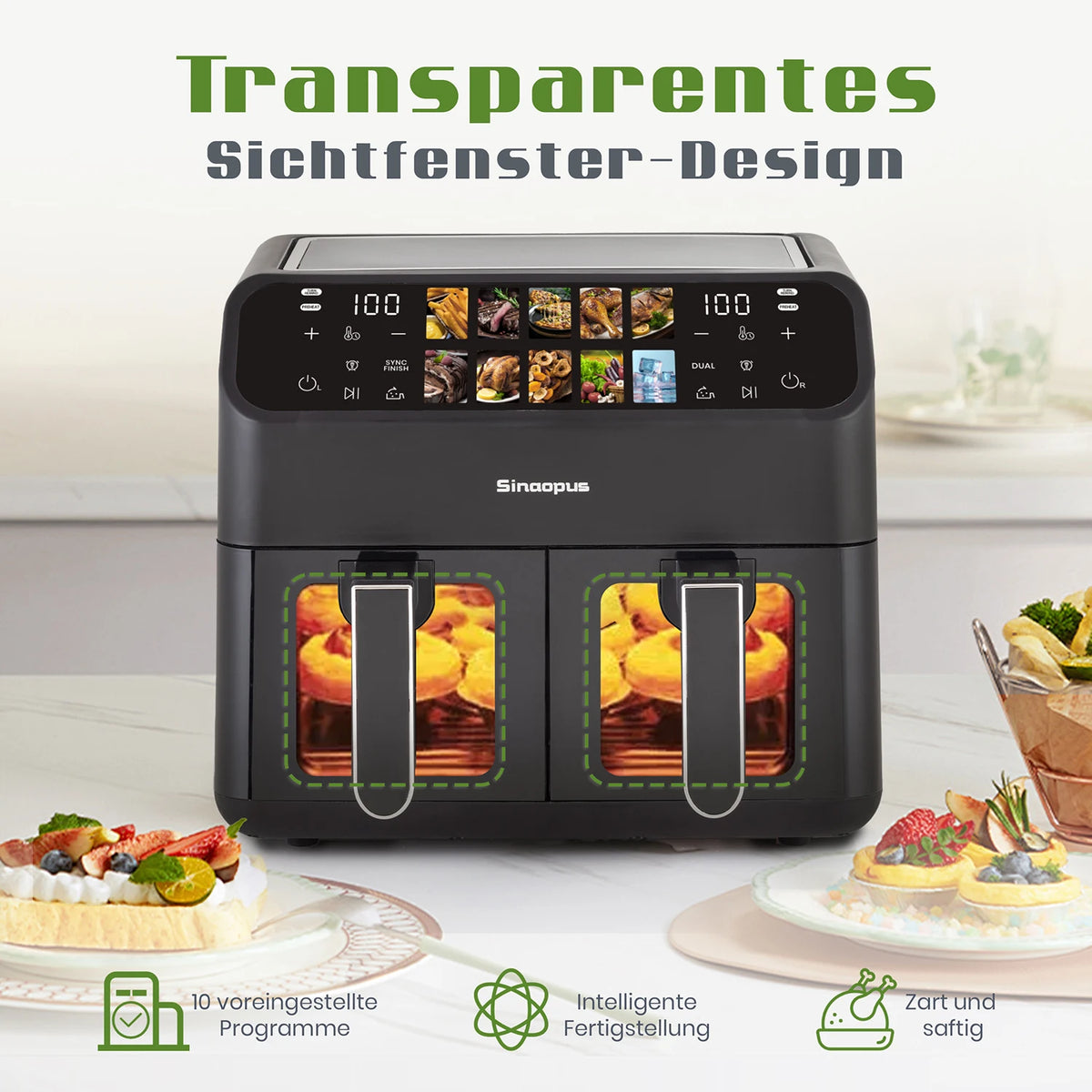 Sinaopus 9L Dual Basket Air Fryer – LED Touch Control, Visible Window, Oilless Cooker for Large Family Meals