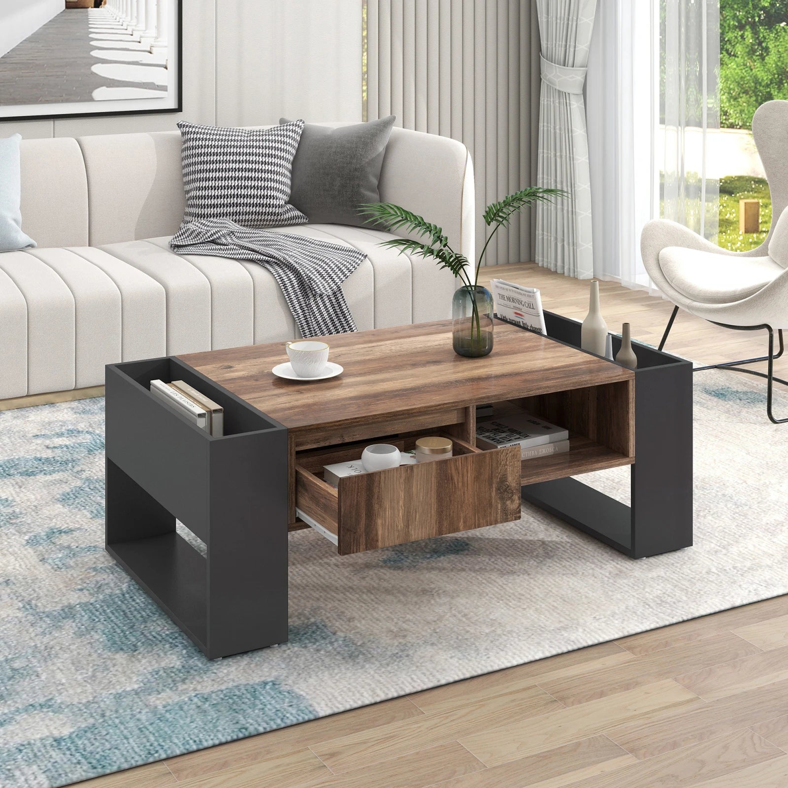 Comanlai Wood Grain Coffee Table with Drawer & Storage