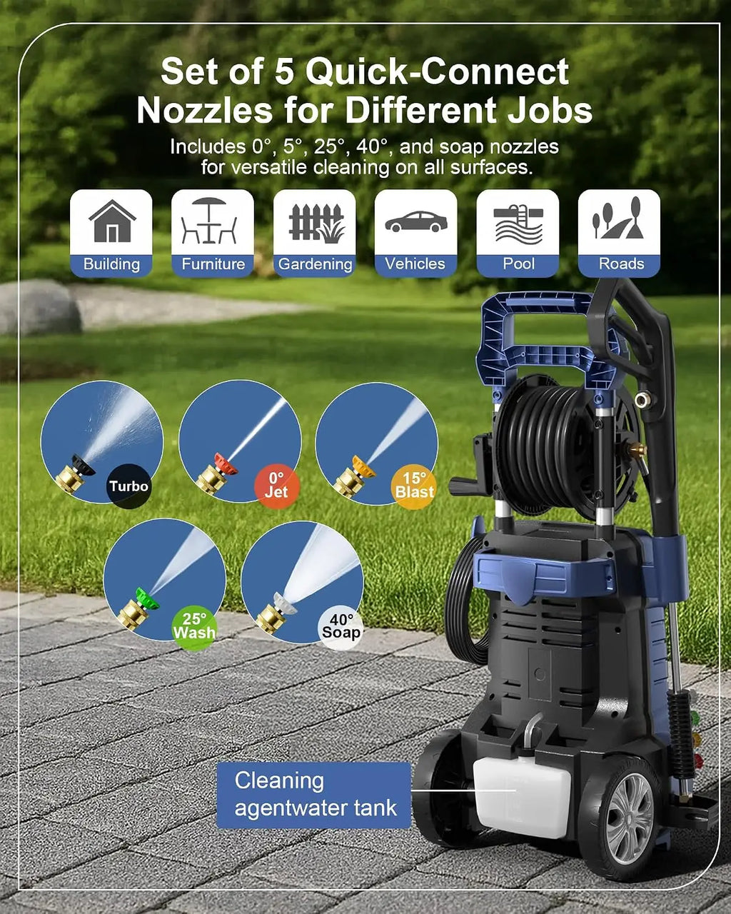 Electric Pressure Washer – Hose Reel & Five Nozzles