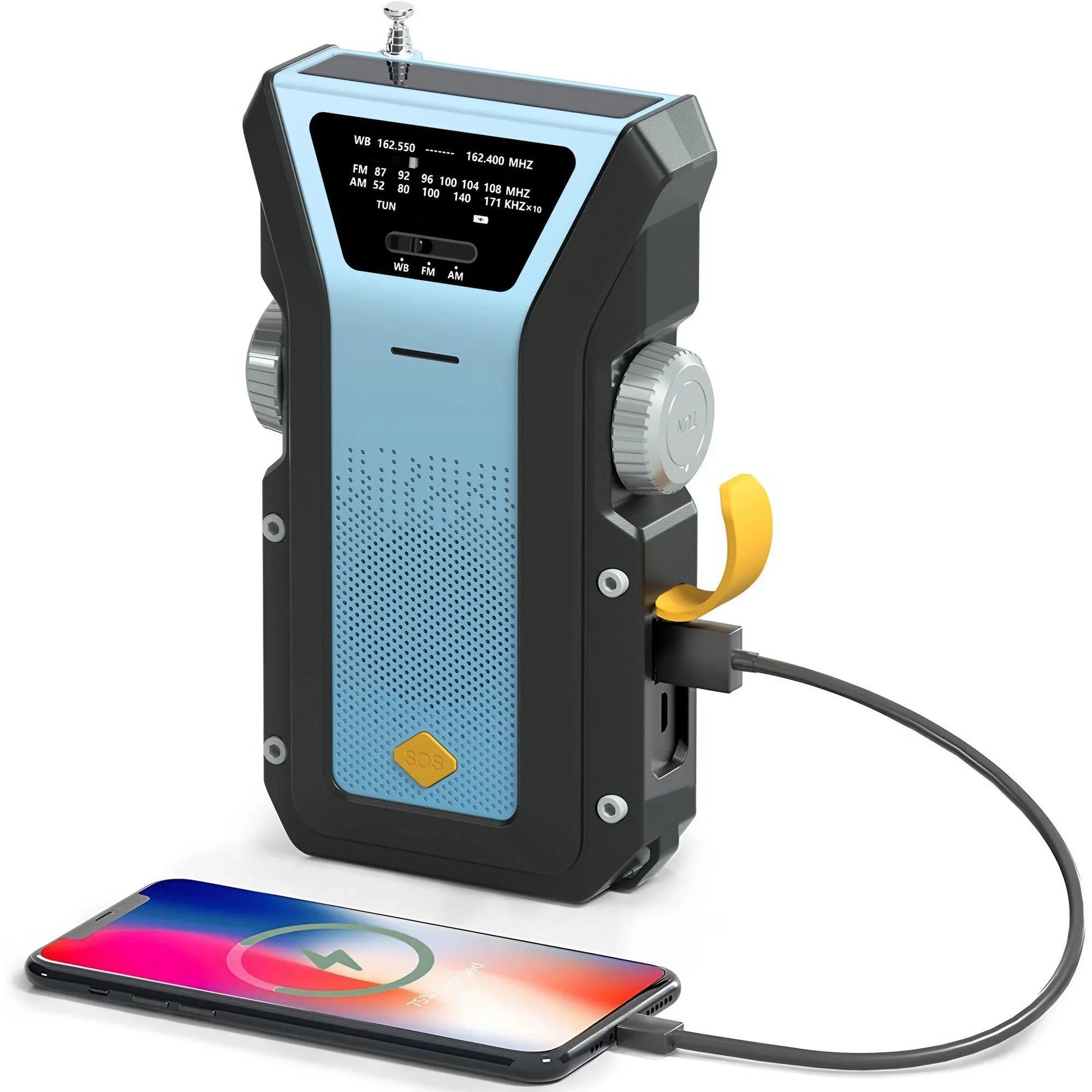 Emergency Weather Radio — FM/AM/WB, Hand Crank Solar, 2000mAh Power Bank & LED Flashlight