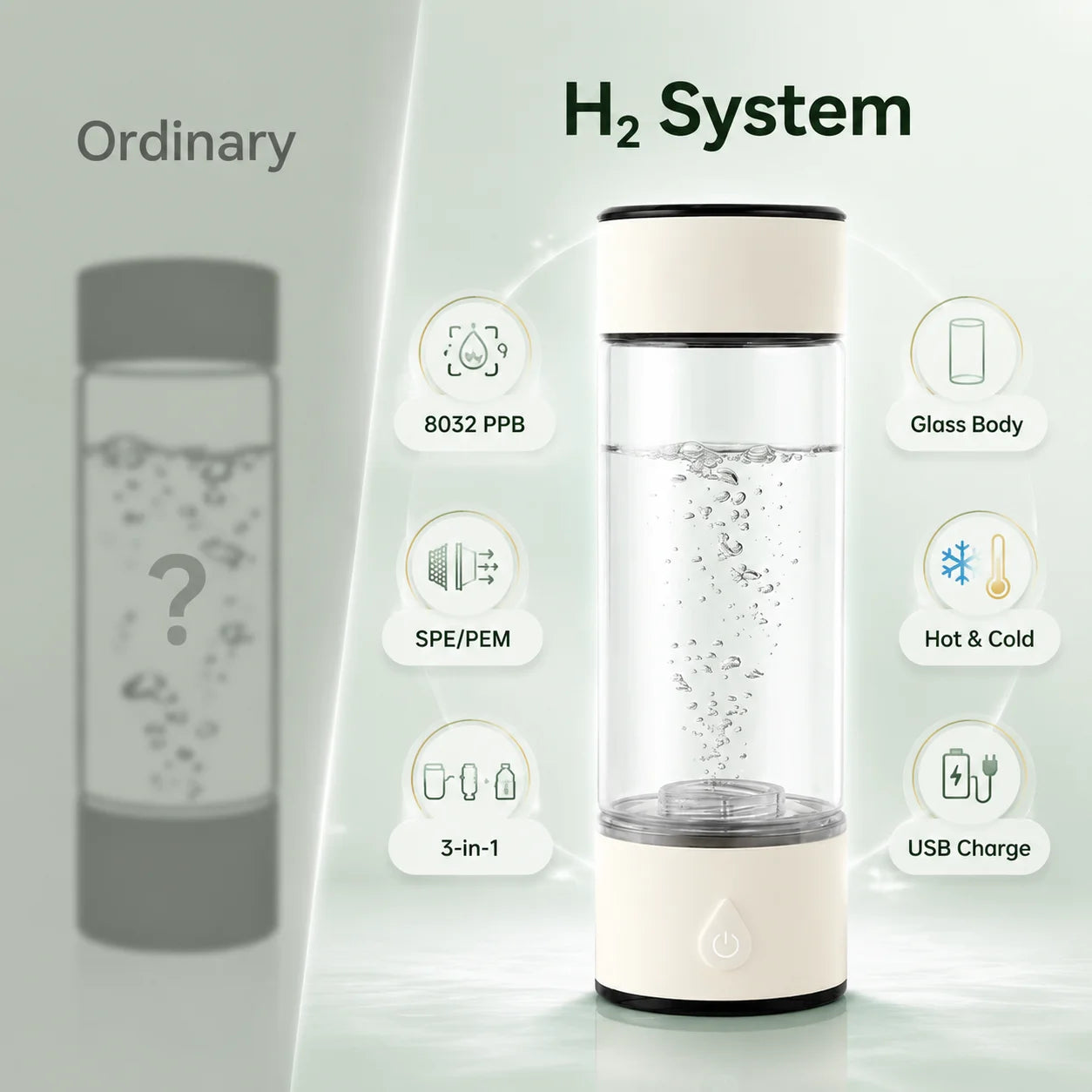 Hydrogen Water Generator Bottle — 8032 PPB SPE PEM Ionizer, Portable & Rechargeable