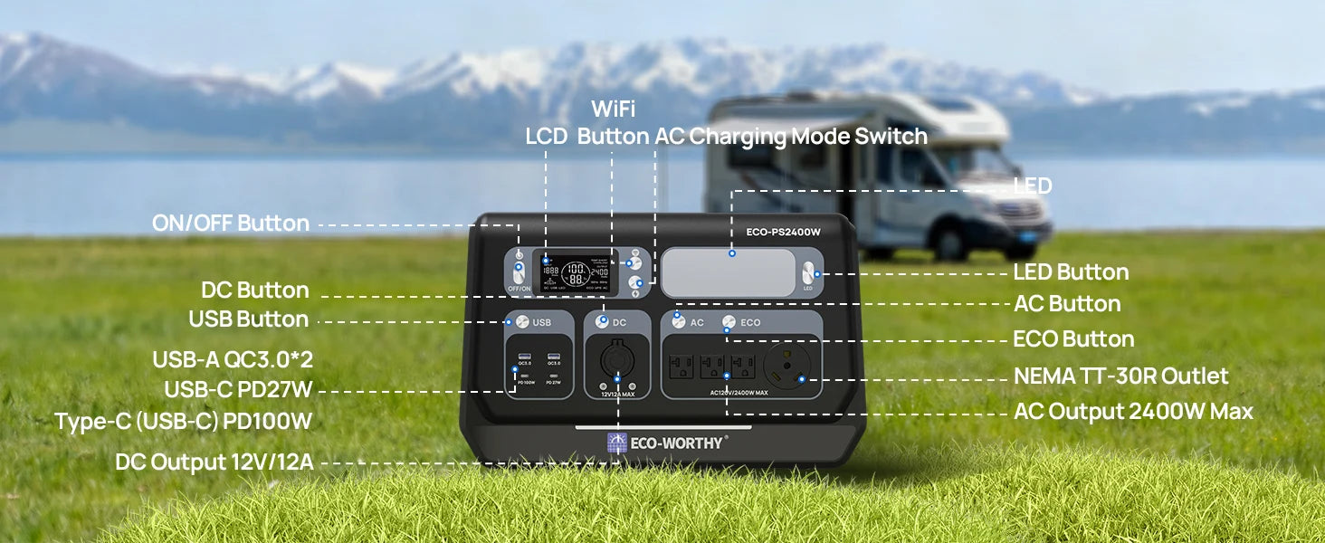 ECO-WORTHY 200W Portable Solar Panel & 2400W Power Station – 2048Wh LiFePO4 Battery for RV & Off-Grid