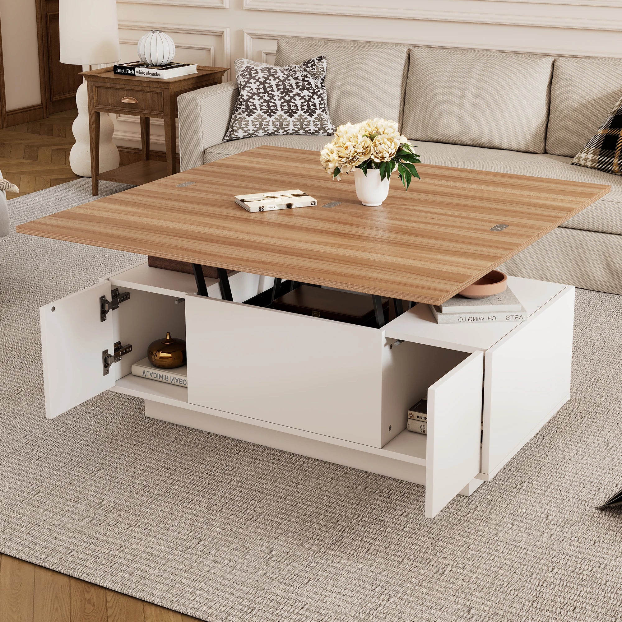 Modern coffee table with double lifting mechanism, hidden storage-load capacity up to 50 kg-residential furniture
