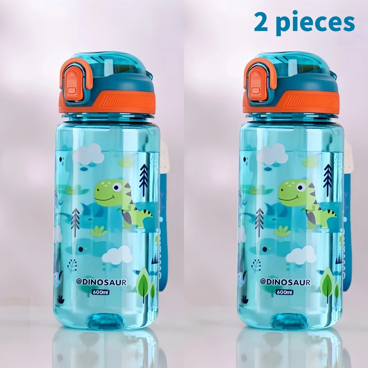 600ml Dinosaur Kids Water Bottle – BPA-Free Silicone Straw Sippy Cup, Leakproof with Carry Rope