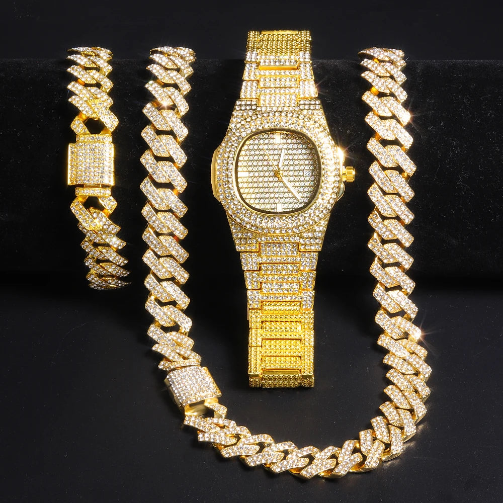 Men's Gold Cuban Chain Hip Hop Watch & Bracelet Set | Iced Out Rhinestone Bling Rapper Jewelry