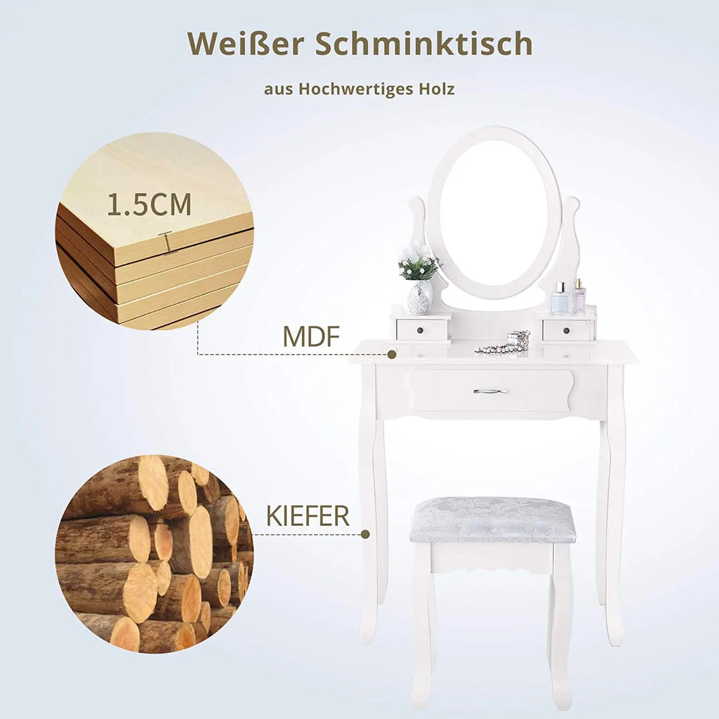 White Vanity Desk with Mirror & 3 Drawers