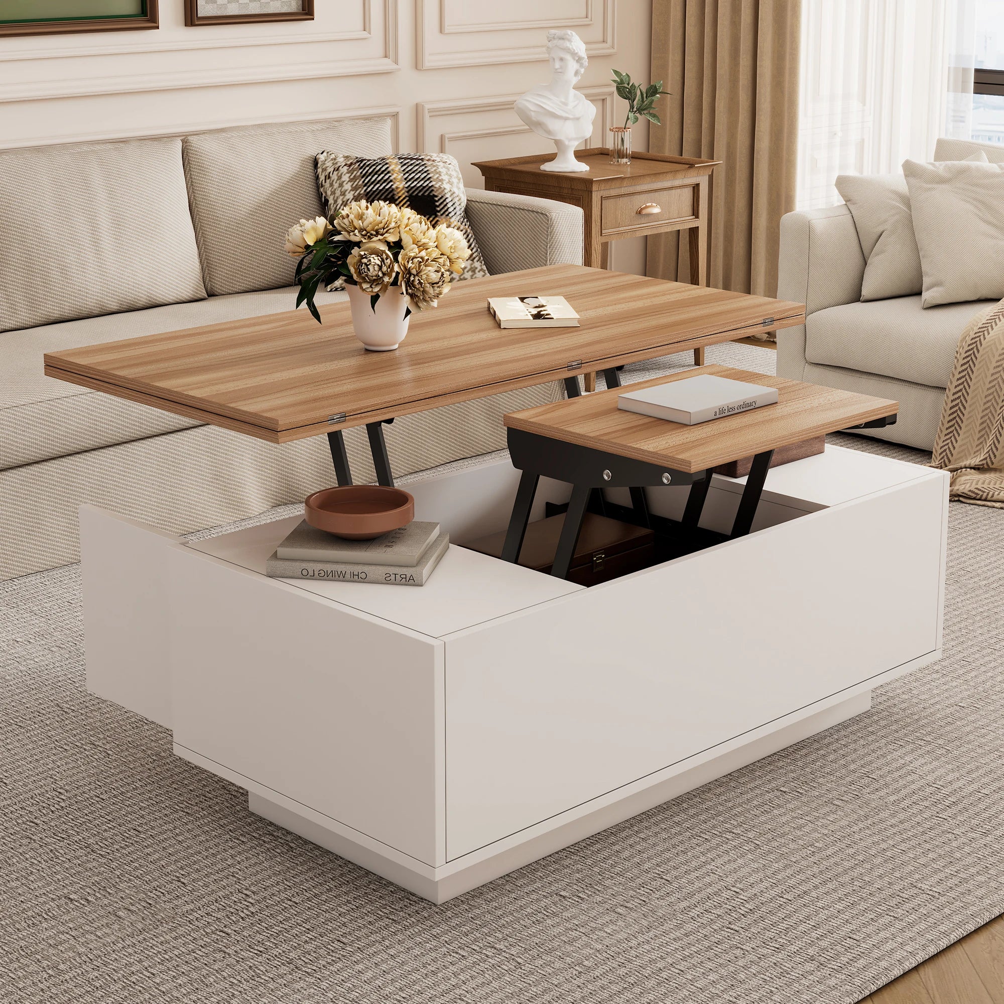 Modern coffee table with double lifting mechanism, hidden storage-load capacity up to 50 kg-residential furniture