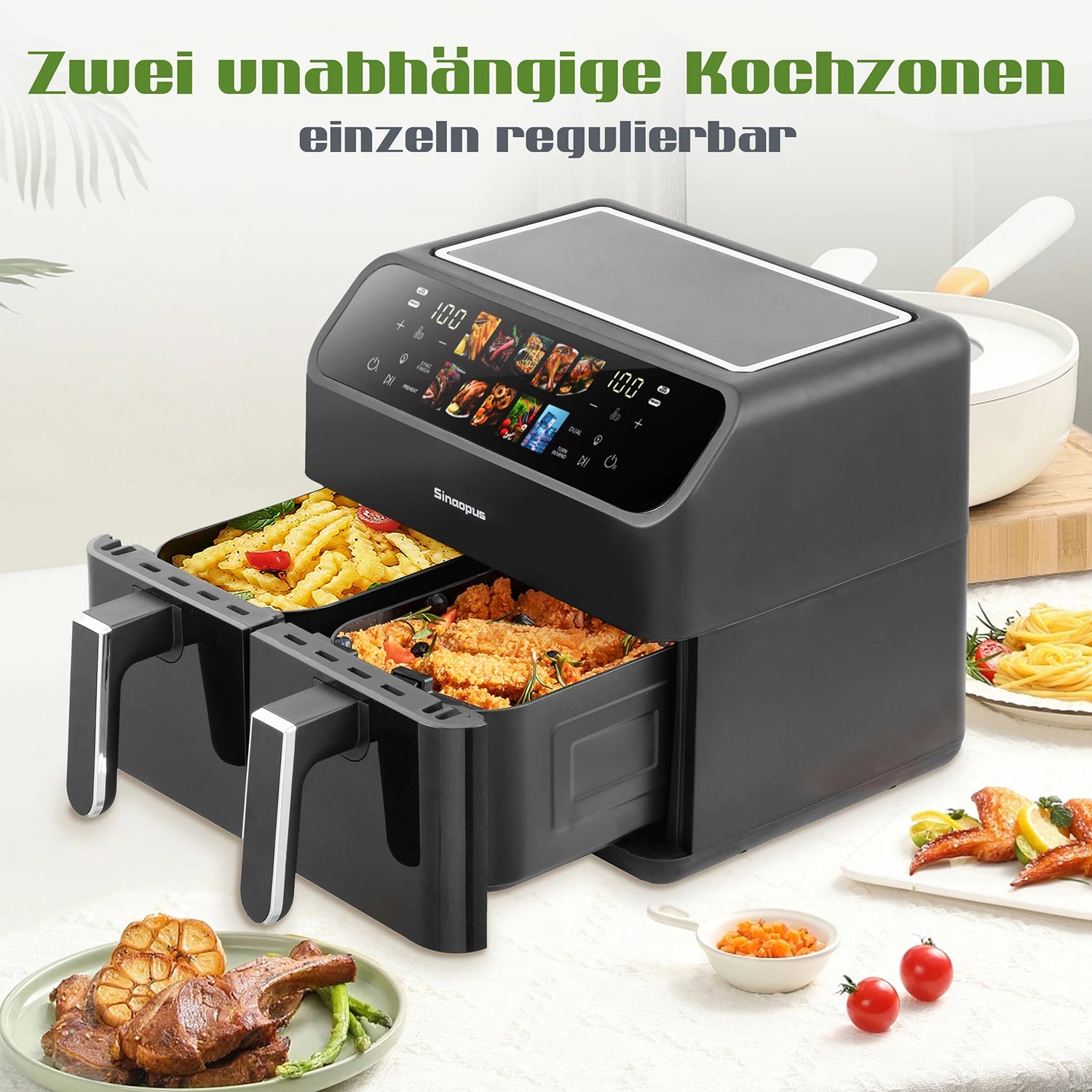 Sinaopus 9L Dual Basket Air Fryer – LED Touch Control, Visible Window, Oilless Cooker for Large Family Meals