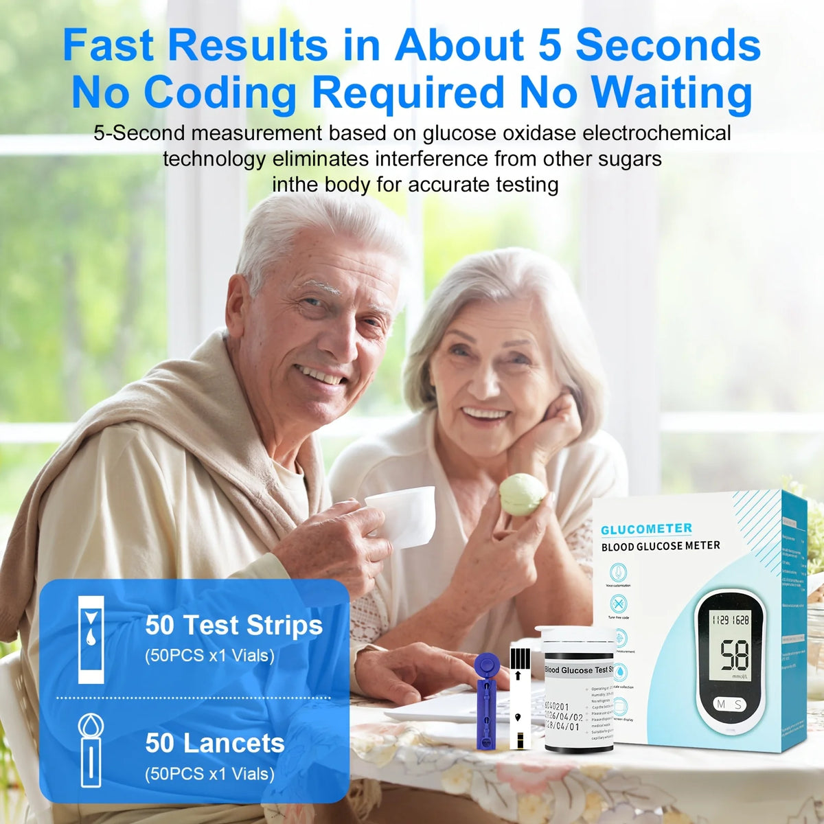 VivaGuard Blood Glucose Meter Kit – No Coding Glucometer with 50 Test Strips, 50 Lancets & Lancing Pen for Home Diabetes Monitoring