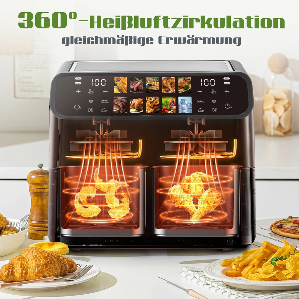 Sinaopus 9L Dual Basket Air Fryer – LED Touch Control, Visible Window, Oilless Cooker for Large Family Meals