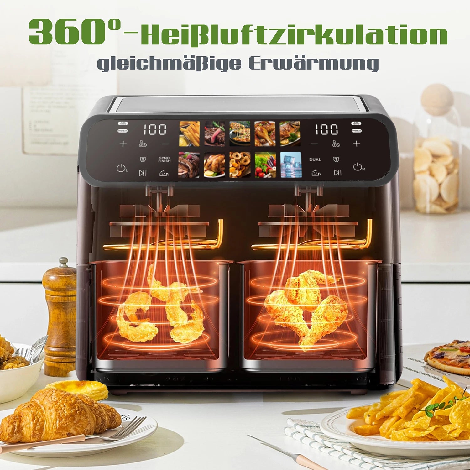 Sinaopus 9L Dual Basket Air Fryer – LED Touch Control, Visible Window, Oilless Cooker for Large Family Meals