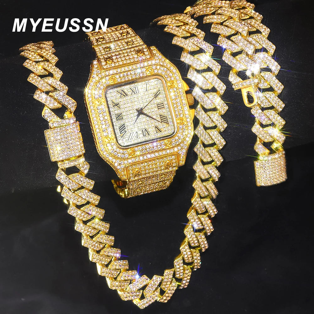 Men's Gold Cuban Chain Hip Hop Watch & Bracelet Set | Iced Out Rhinestone Bling Rapper Jewelry