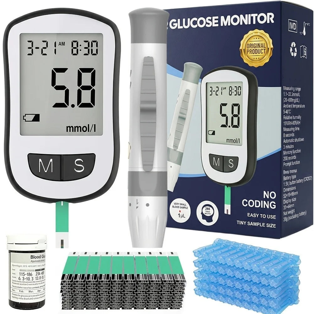 Blood Glucose Monitor Kit – No-Code Glucometer with Test Strips, Lancets, Lancing Device, Large LCD & 200-Reading Memory