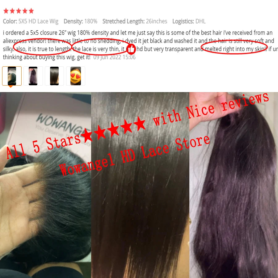 WOW ANGEL 250% Density Straight Lace Front Wig | 13x6 Invisible HD Lace Melt Skin Brazilian Human Hair