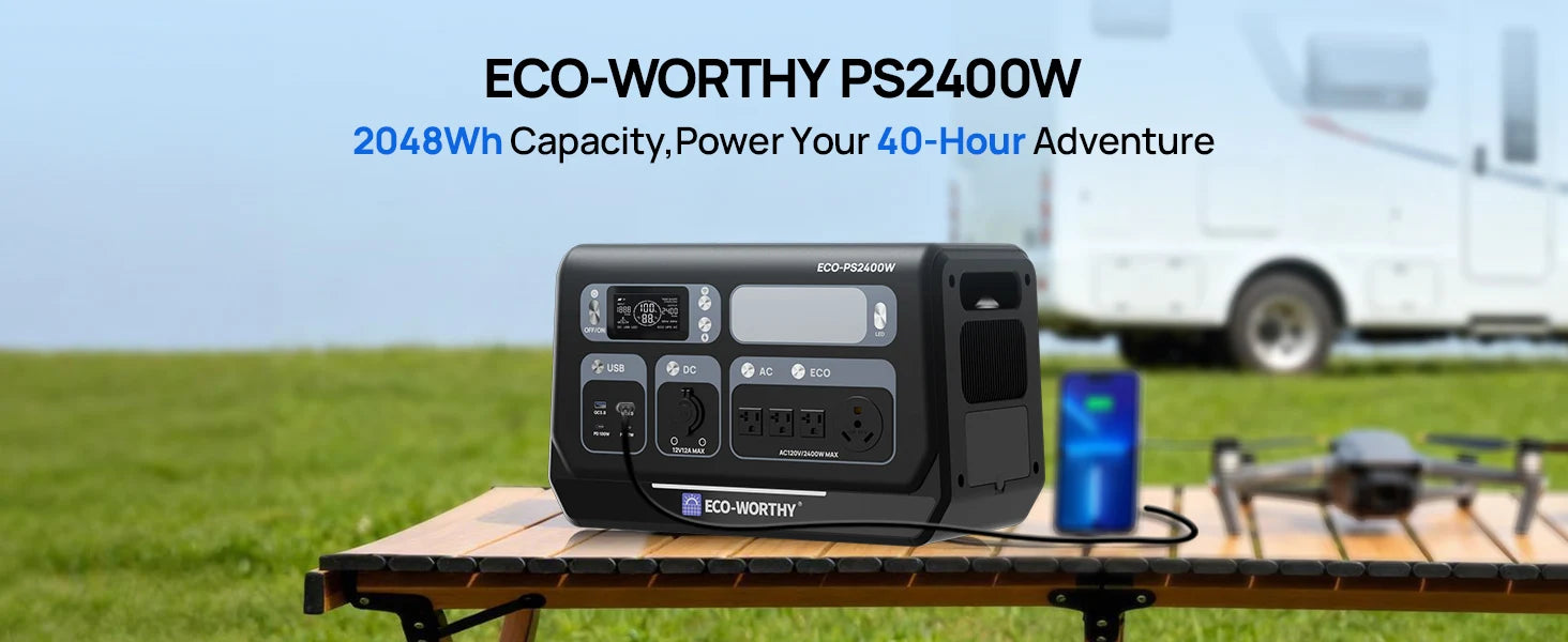 ECO-WORTHY 200W Portable Solar Panel & 2400W Power Station – 2048Wh LiFePO4 Battery for RV & Off-Grid