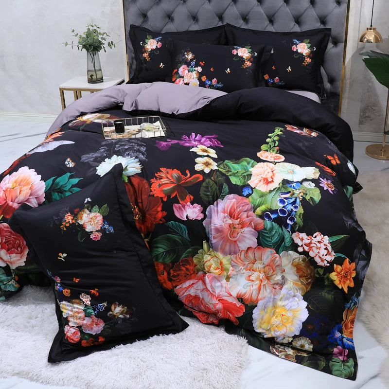 600TC Egyptian Cotton Bedding Set – Birds & Flowers Leaf Print, 16 Colors, Queen to US King
