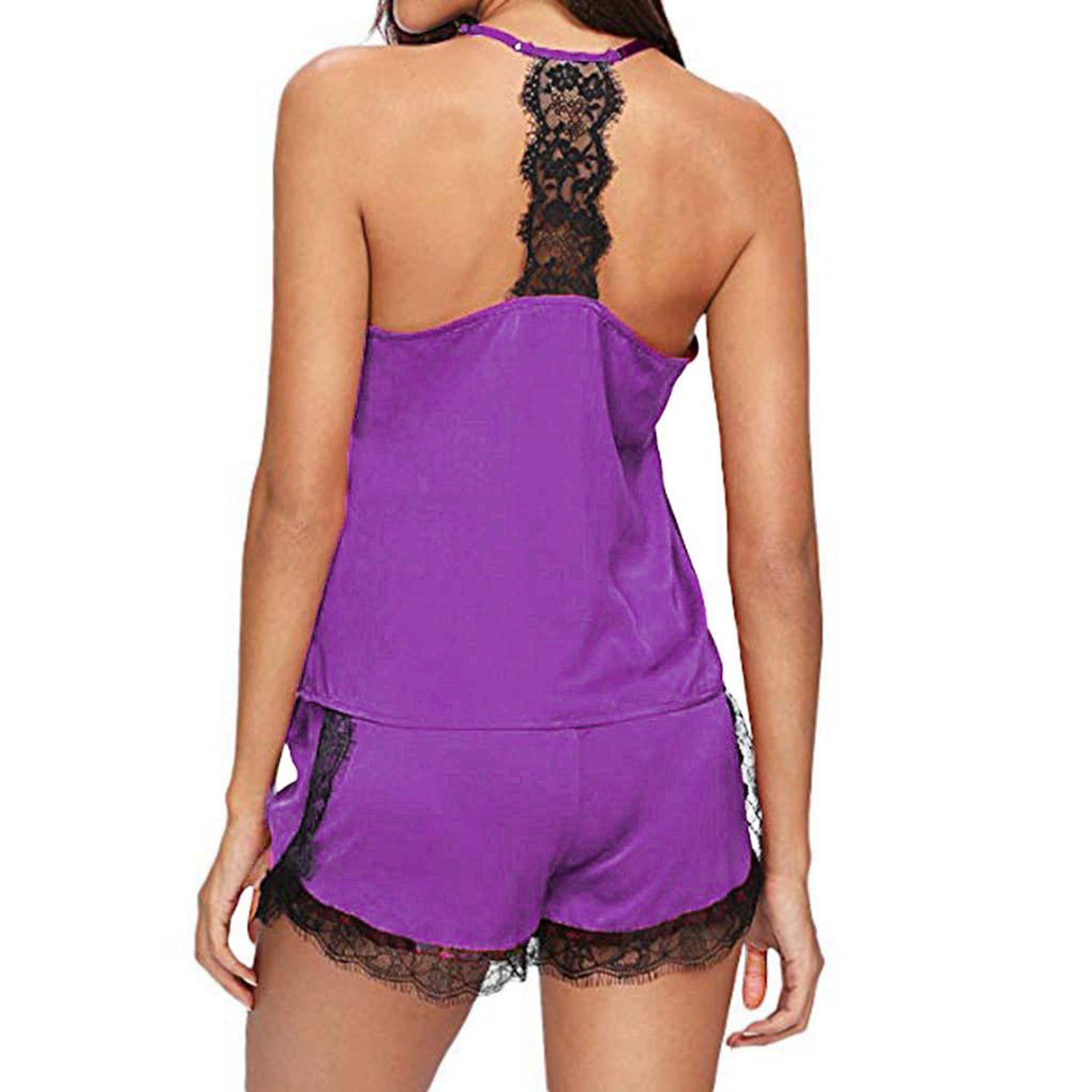 Lace V-Neck Satin Pajama Set — 2-Piece Sexy Sleepwear