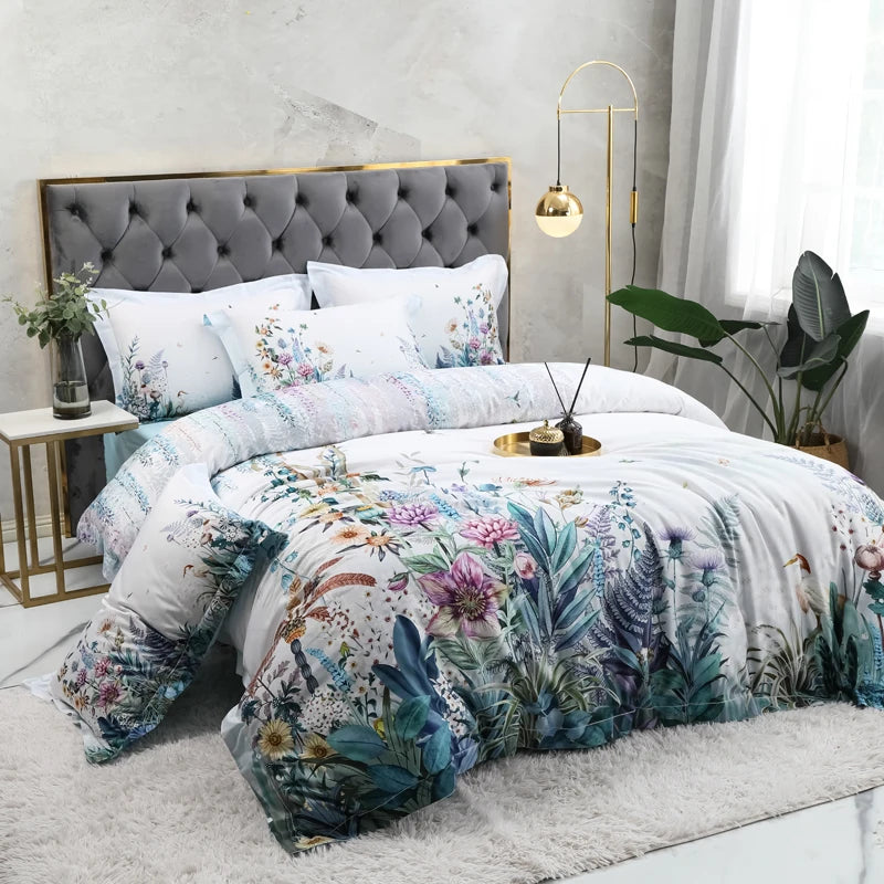 600TC Egyptian Cotton Bedding Set – Birds & Flowers Leaf Print, 16 Colors, Queen to US King