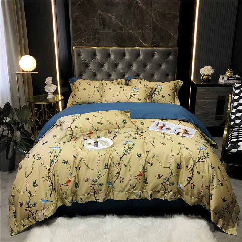 600TC Egyptian Cotton Bedding Set – Birds & Flowers Leaf Print, 16 Colors, Queen to US King