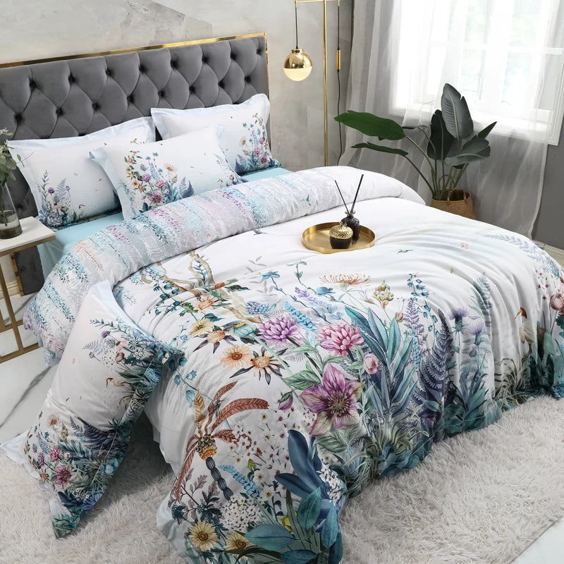 600TC Egyptian Cotton Bedding Set – Birds & Flowers Leaf Print, 16 Colors, Queen to US King