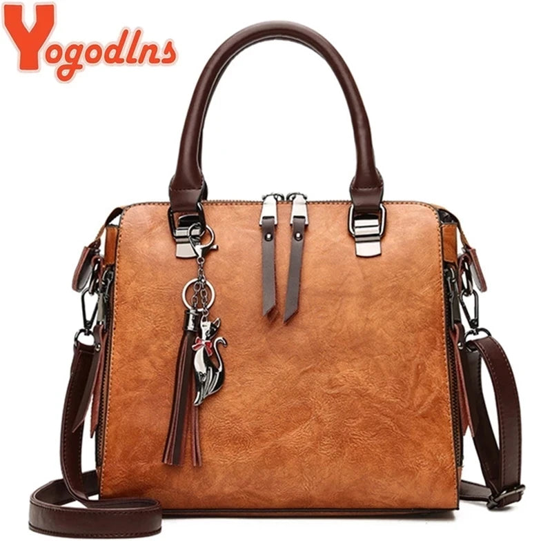 Vintage Cat Tassel Shell Crossbody Handbag – PU Leather Shoulder Tote for Women