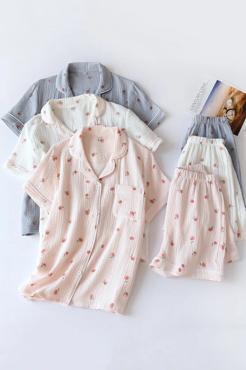Women's 100% Cotton Short Sleeve Shorts Pajamas Set | Thin Crepe Cloth Spring Autumn Loose Homewear