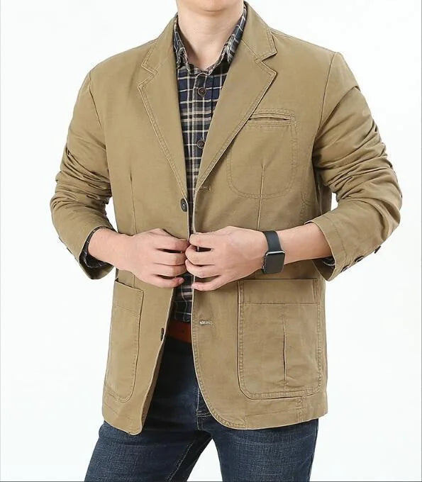 Men's Single Breasted Blazer — Washable Loose Fit Military Style Jacket