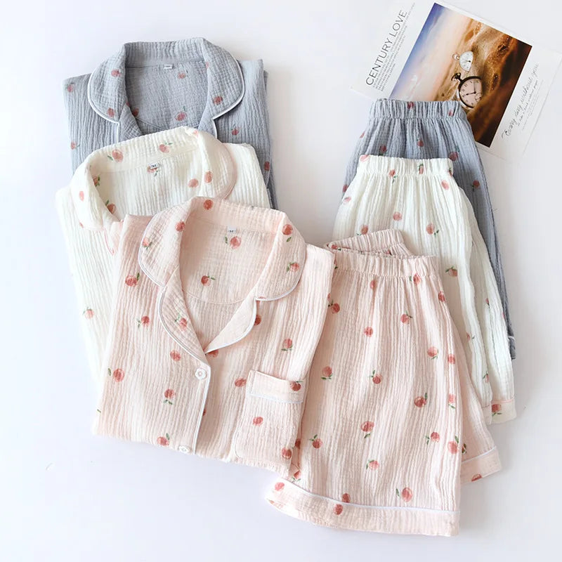 Women's 100% Cotton Short Sleeve Shorts Pajamas Set | Thin Crepe Cloth Spring Autumn Loose Homewear