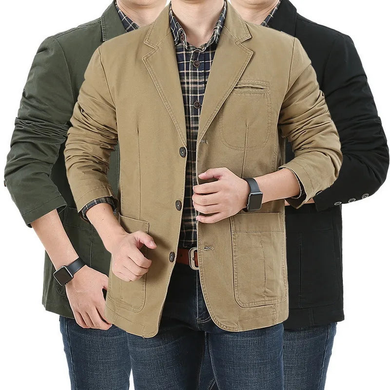 Men's Single Breasted Blazer — Washable Loose Fit Military Style Jacket