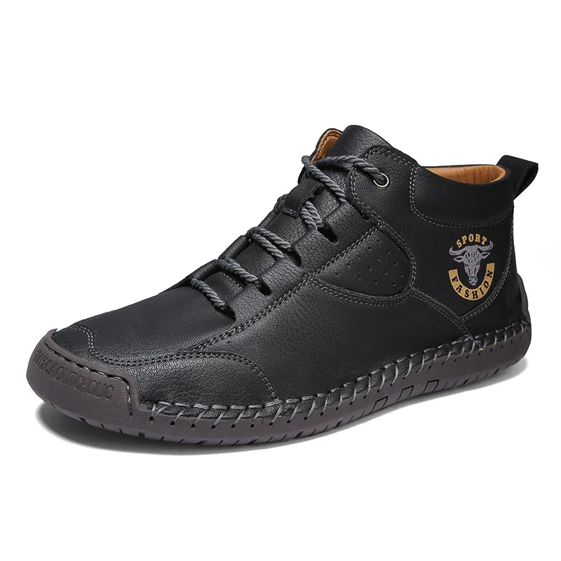 Men's Genuine Leather High-Top Casual Shoes — Handmade Waterproof Slip-On Boots (Sizes 38-48)