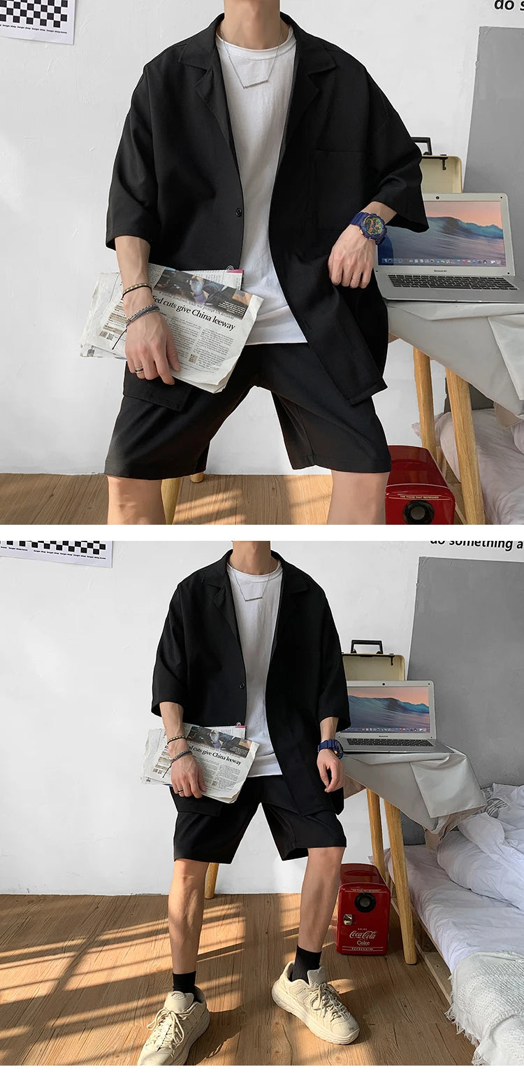 Men's Oversized Summer Jacket & Shorts Set – Korean Style 2-Piece Suit