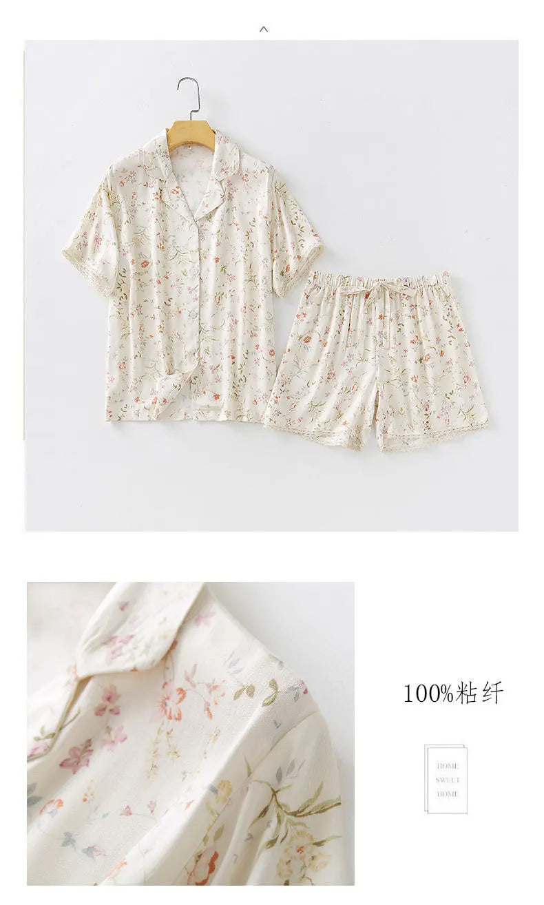 Women's Satin Willow Print Pajama Set | Short Sleeve Shorts Summer Nightwear Loungewear