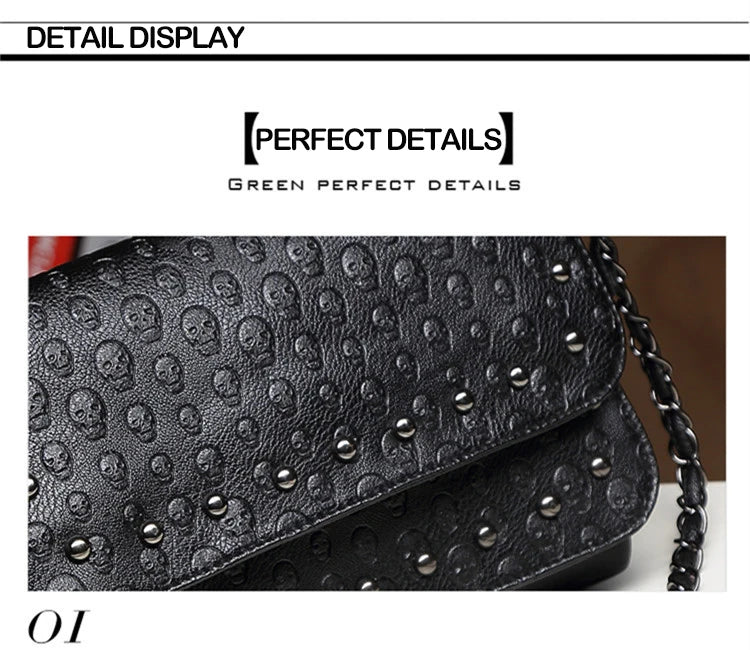 JIEROTYX England Style Skull Print PU Leather Crossbody Bag – Rivet Chain Shoulder Clutch for Women