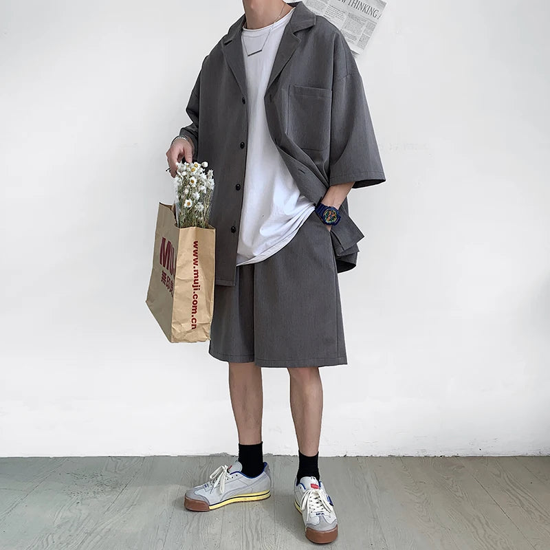 Men's Oversized Summer Jacket & Shorts Set – Korean Style 2-Piece Suit