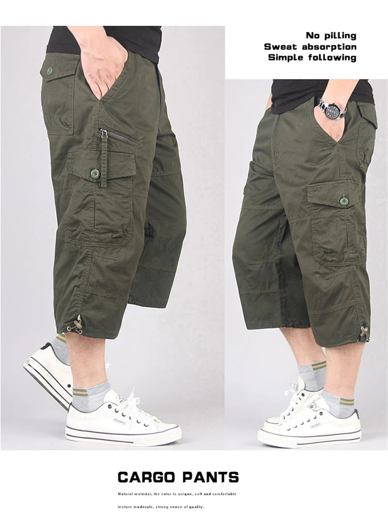 Men's Long Cargo Shorts — Multi-Pocket Military Tactical Cotton Capri Pants