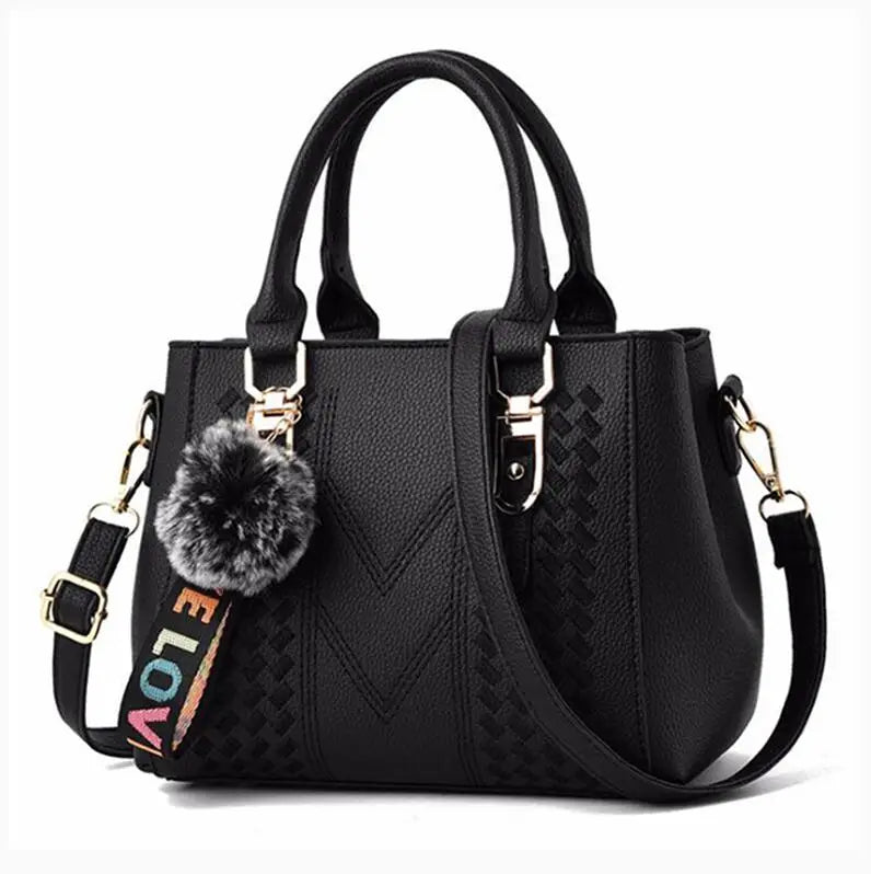 Embroidery Leather Messenger Bag – Women's Handbag with Hair Ball Charm in 12 Colors