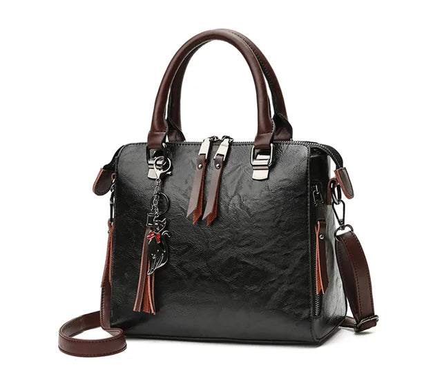 Vintage Cat Tassel Shell Crossbody Handbag – PU Leather Shoulder Tote for Women