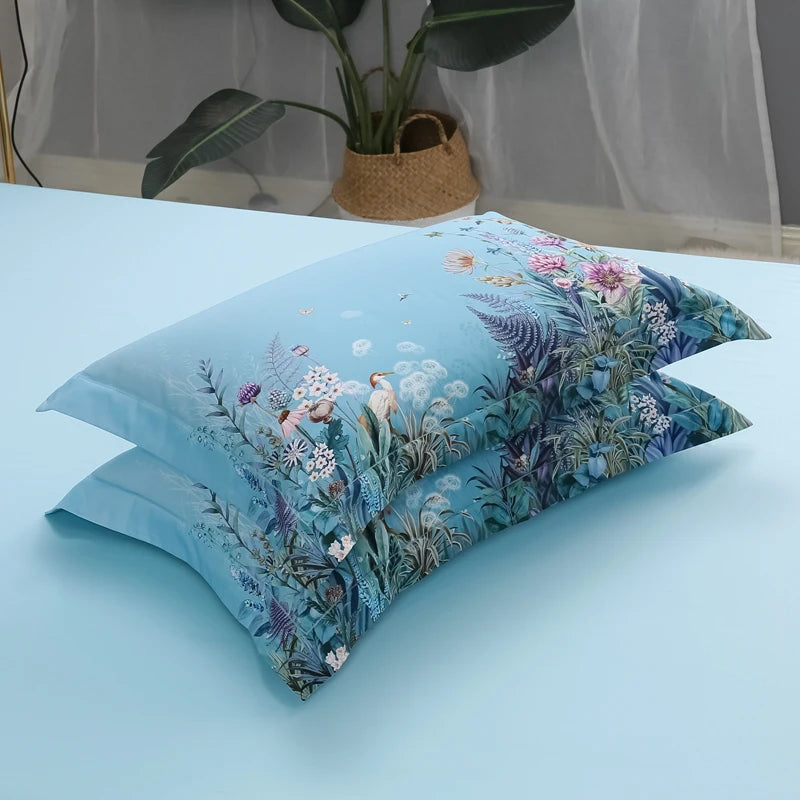 600TC Egyptian Cotton Bedding Set – Birds & Flowers Leaf Print, 16 Colors, Queen to US King
