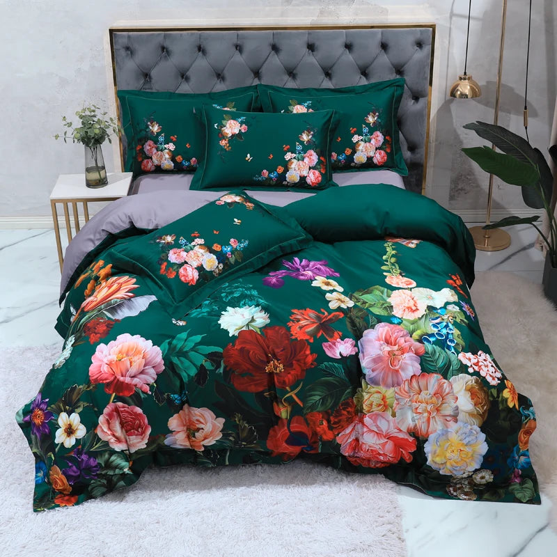 600TC Egyptian Cotton Bedding Set – Birds & Flowers Leaf Print, 16 Colors, Queen to US King