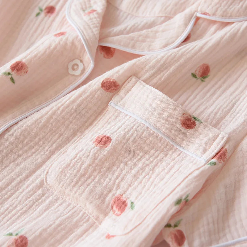 Women's 100% Cotton Short Sleeve Shorts Pajamas Set | Thin Crepe Cloth Spring Autumn Loose Homewear